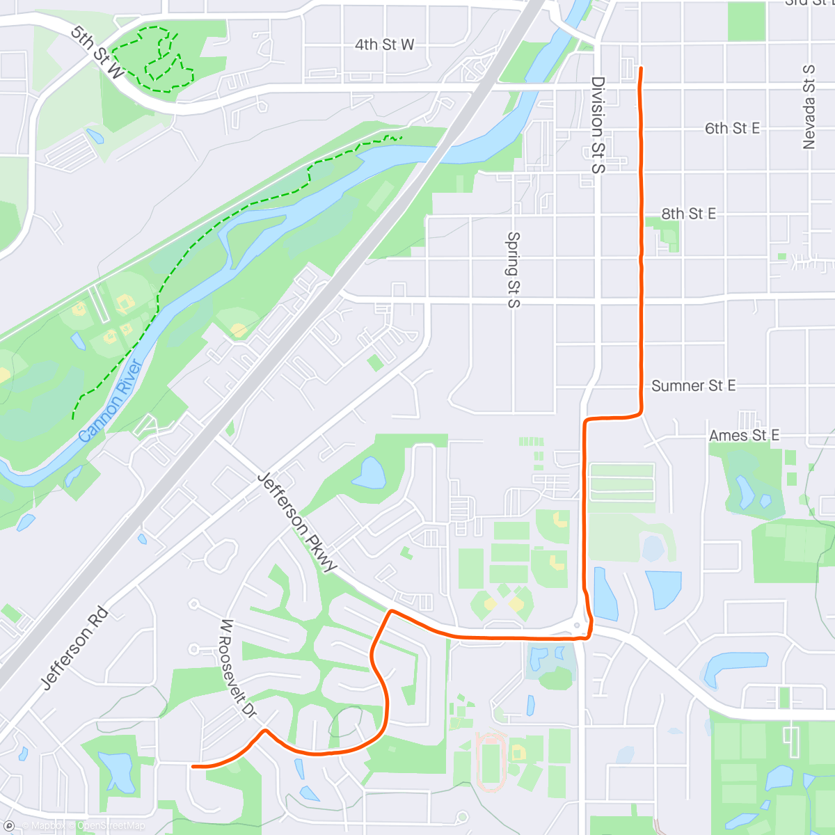 Map of the activity, Commute to work (coffeehouse) in downtown Northfield partially via new protected bikeway that connects to my driveway