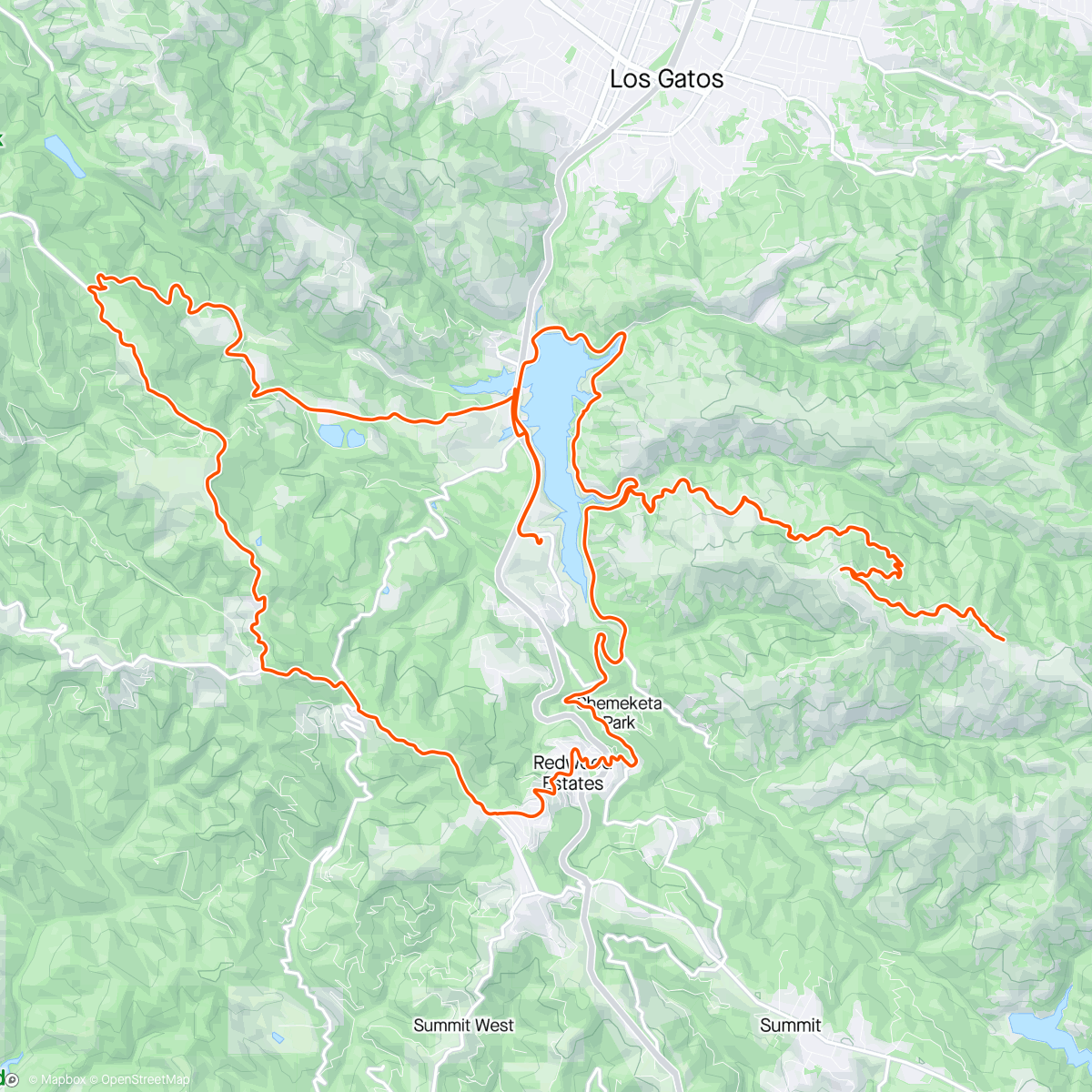Map of the activity, Lexington Reservoir:  Soda Springs, Redwood Estates, and a whole lotta Summit Rd.