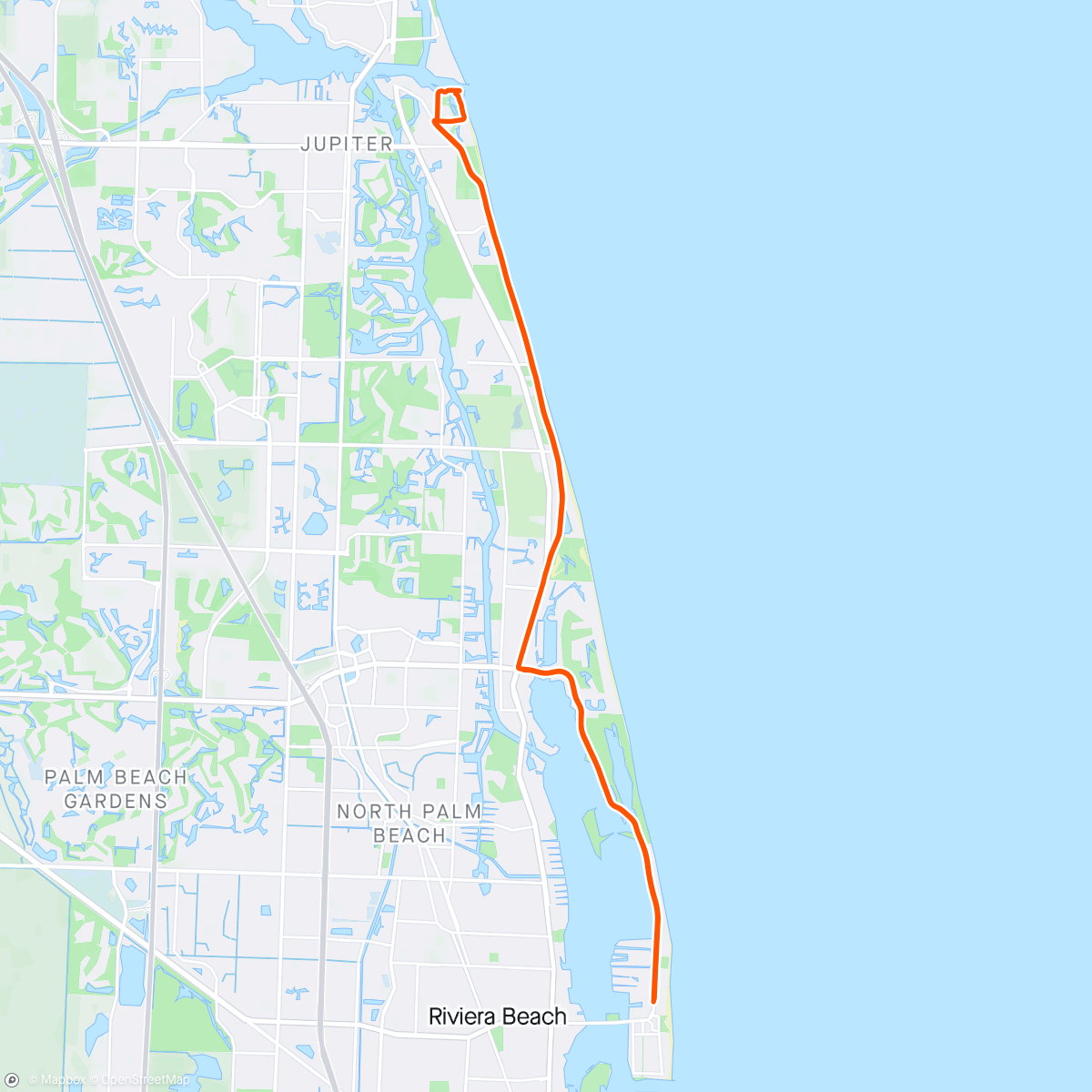 Map of the activity, Out to Jupiter Inlet and back, nice sunset this evening.