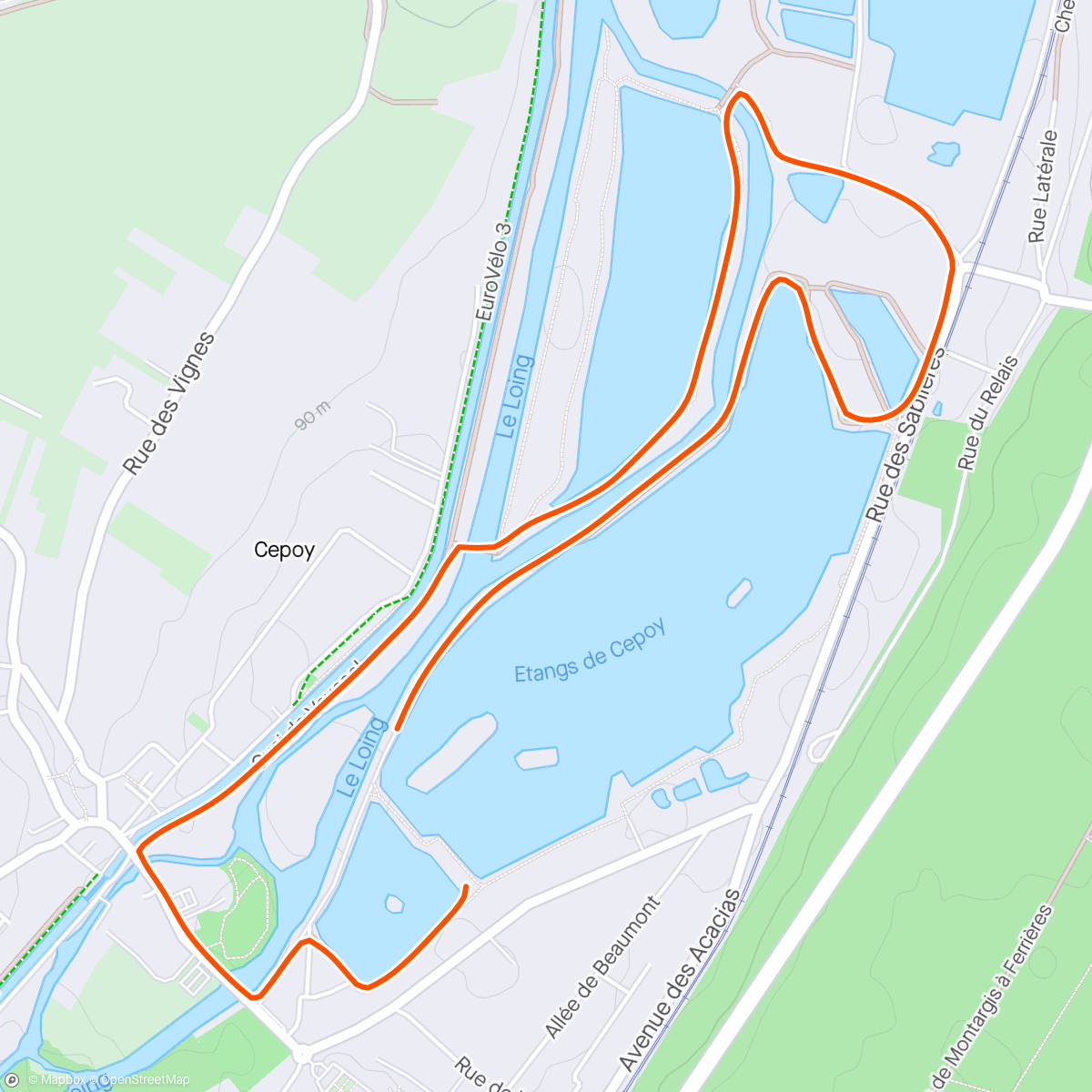 Mapa da atividade, Course à pied le midi triathlon S Cepoy 45 1h26 2 eme V4 avec les nouvelles couleurs Nevers Triathlon 🟡🟣