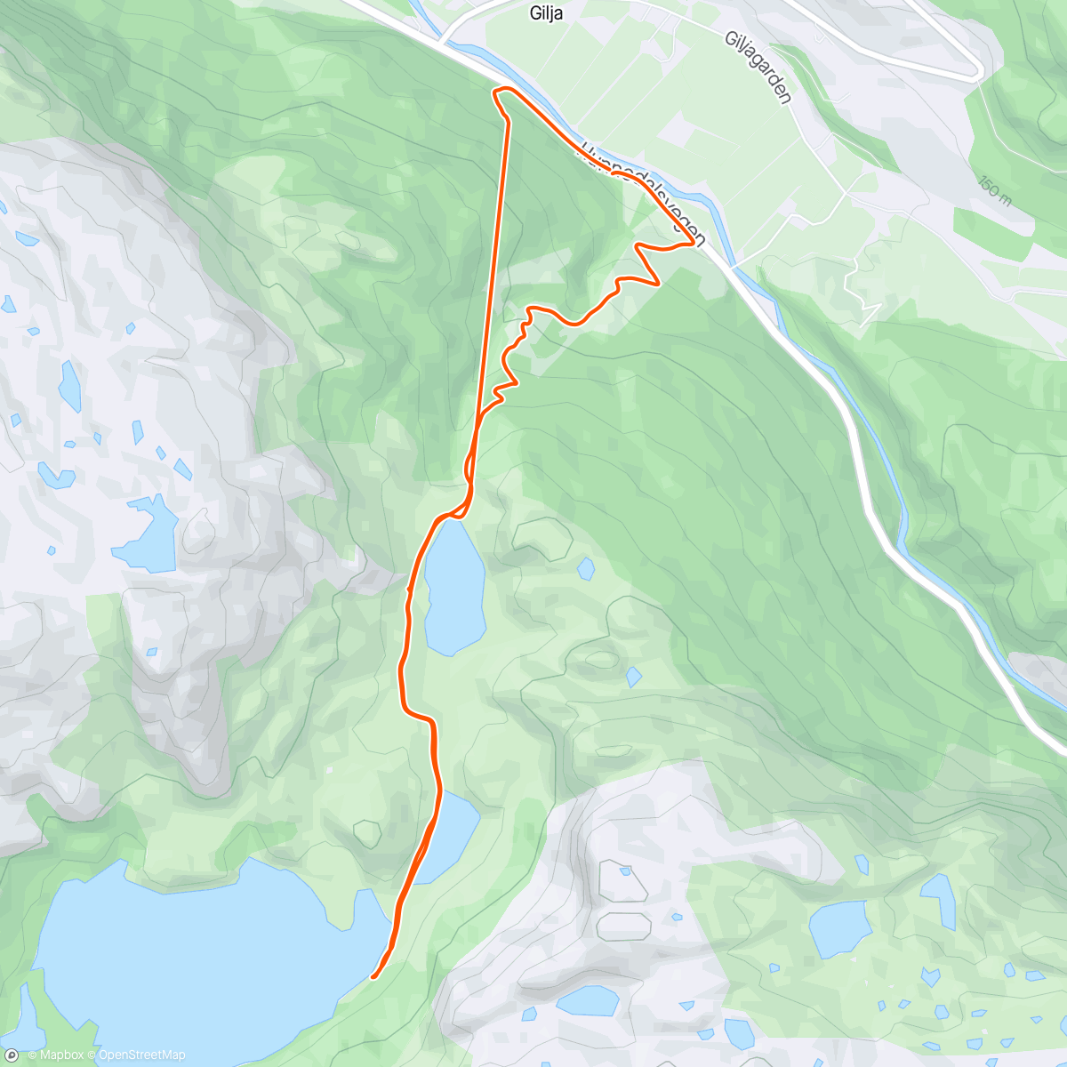 Map of the activity, Giljaalpene. Anasløa og Djupavassbu. Tulla med klokkå på nerturen