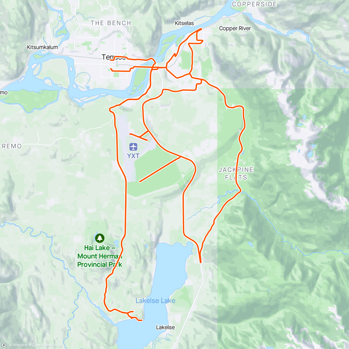 Map of the activity, Saturday Road 🚵‍♂️🚵‍♂️ Spin with Mike - Queens 👸 Way, Beam Station 📡 Rd,  to Lake Else & back, Jackpine Circuit 👦 🌲, YXT ✈️ & Thornhill 🦫🍺