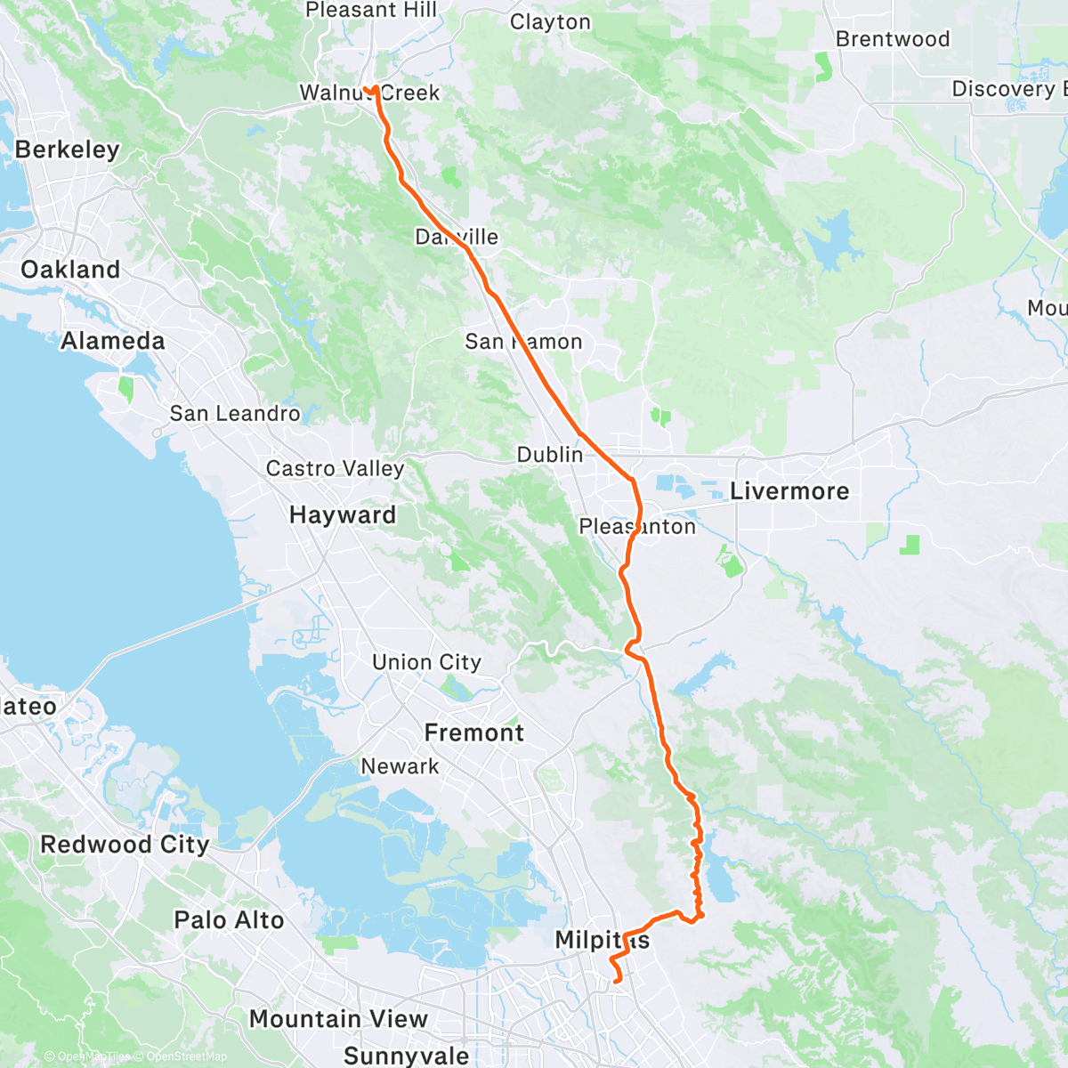 Map of the activity, View of Rose Peak,  Iron Horse trail, Milpitas to Walnut Creek