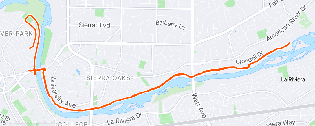 Map of the activity, Boston Vibes on the American River: 2up, 2x3 mile @ goal MP, 1 mi between, 1dn.