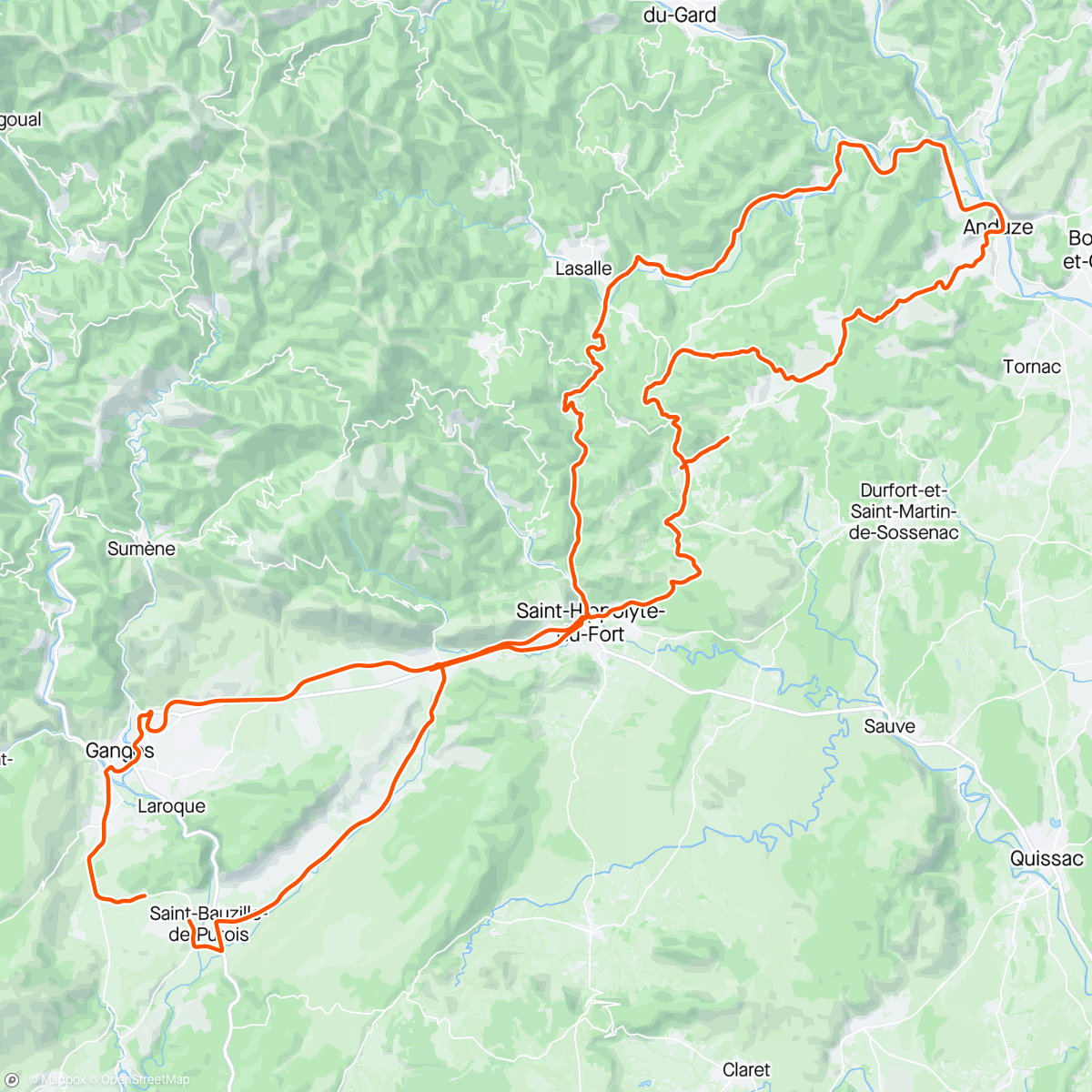 Map of the activity, St Hippo, Monoblet, St Felix, Anduze,  Lasalle, Col du Redares et retour par la voie verte
