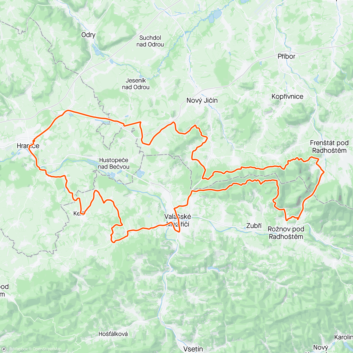 Map of the activity, Lunch Ride/Bělotín, Kojetín, Nad Horečkami, Pindula, Kamenárka, Krátká, Police a Němetice