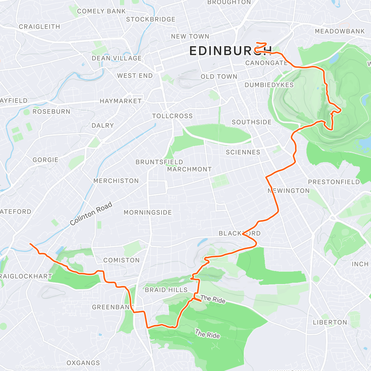 Map of the activity, 5 Hills of Edinburgh, social run with WERC and Portobello RC