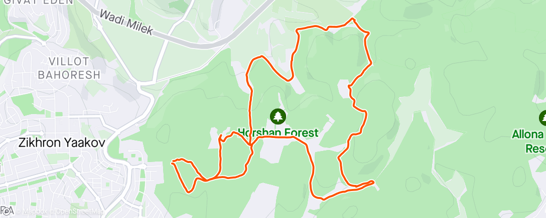 Map of the activity, ריצה ביער חורשן בפעם ראשונה עם אחלה שותף, מסלול מדהים!