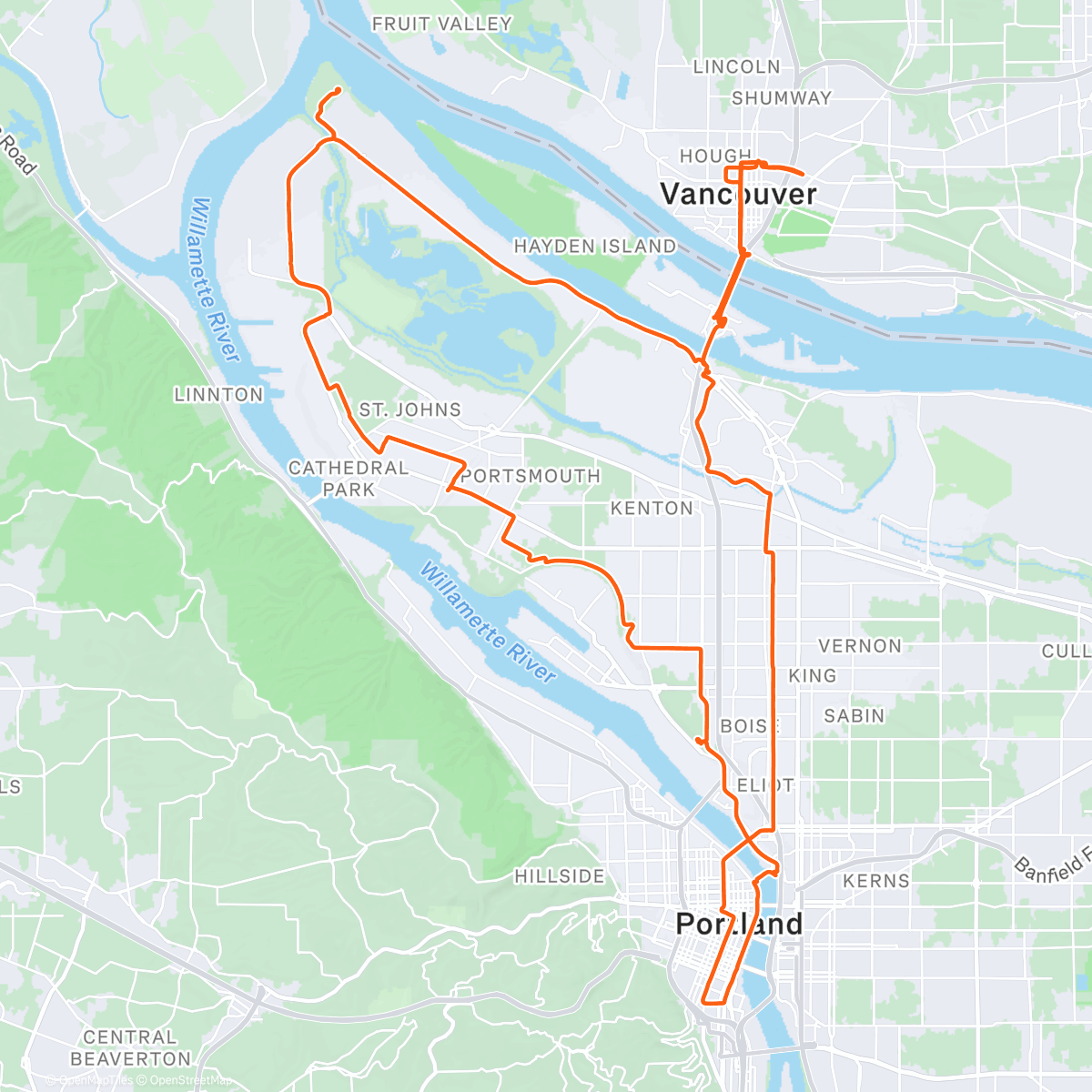 Map of the activity, Sunday ride into Portland