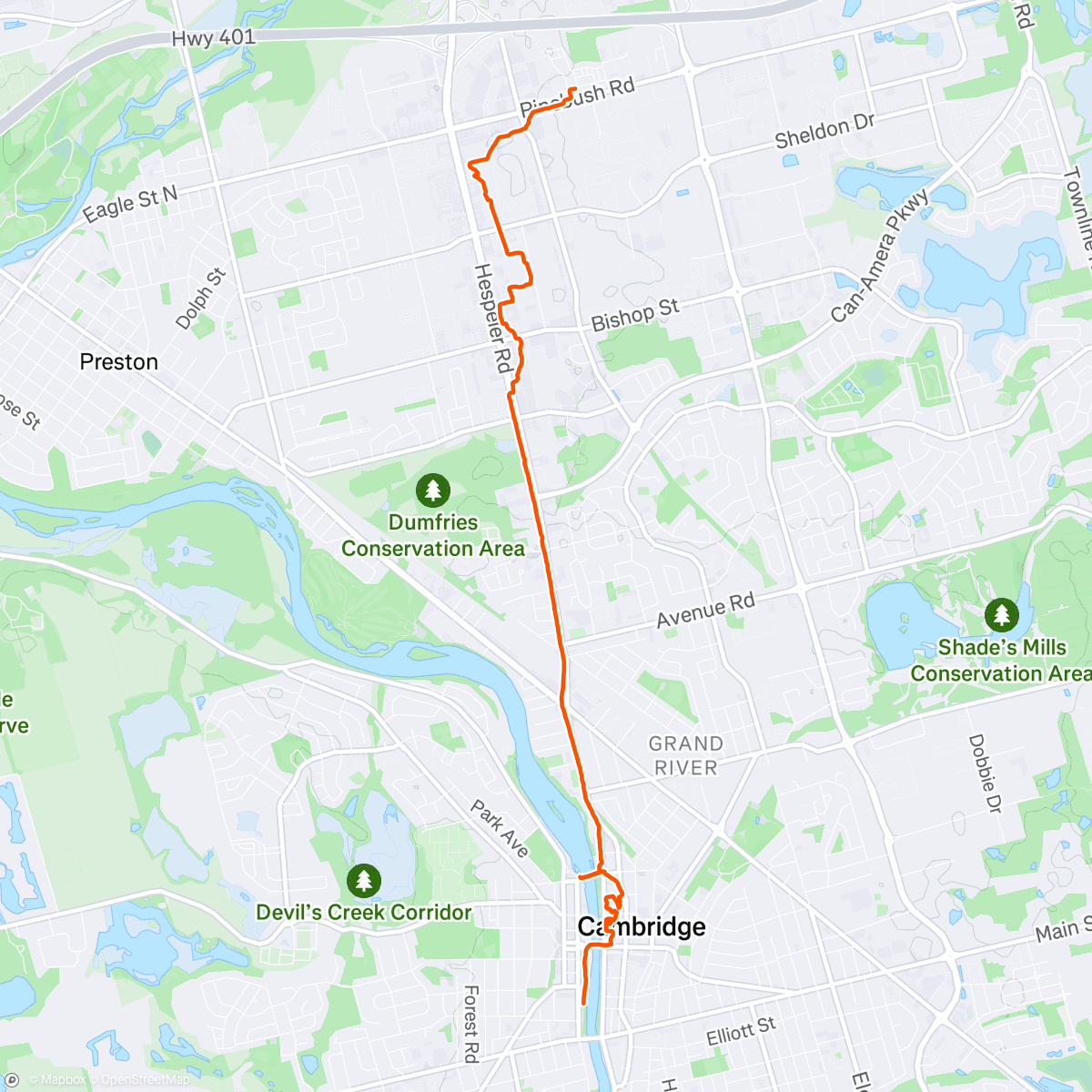 Map of the activity, Hespeler - Galt: Nighttime Hike