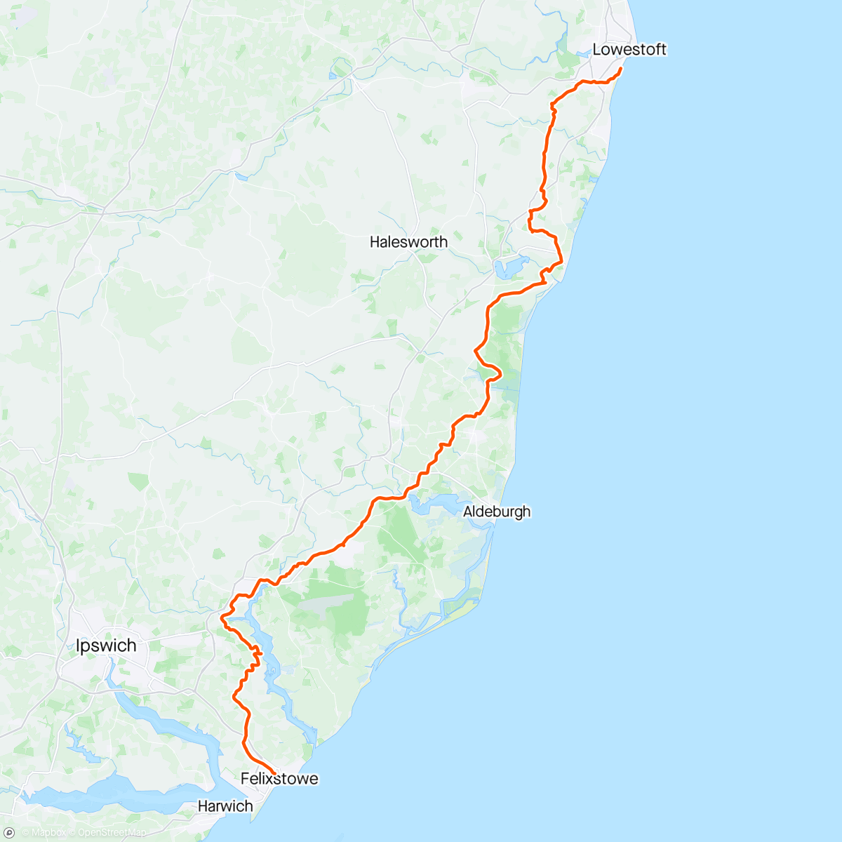 Map of the activity, Day 4/4 400km Norfolk Coastal Path - Lowestoft to Felixstowe (96k)