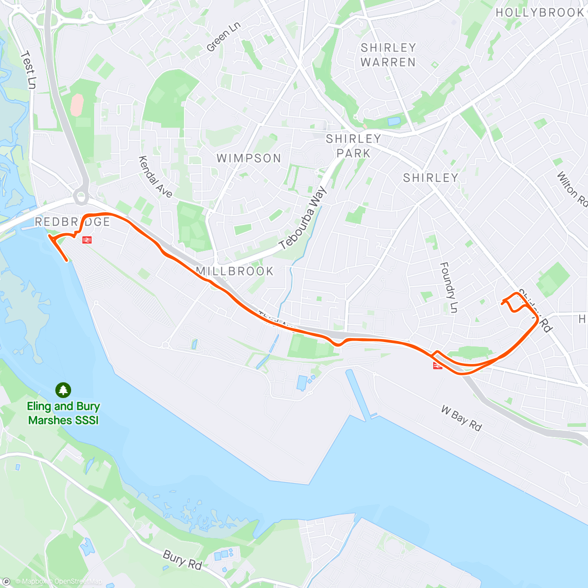 Map of the activity, Out and back to Redbridge shore