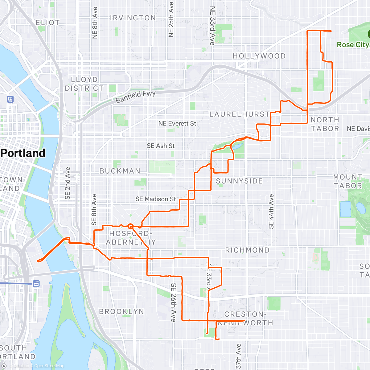 Map of the activity, Hour and a half of Friday Night Ride, then watching the Rose Fest opening fireworks off the Tilikum.