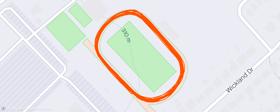 Map of the activity, 5 x 1k with 200m brisk walk recoveries (about 1:45 rest)
