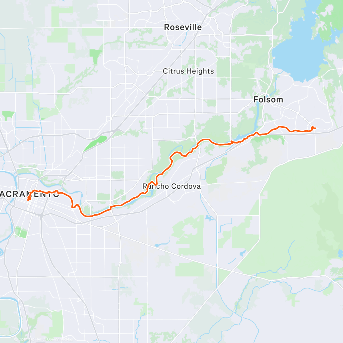 Map of the activity, Very wet and slippery American river trail Folsom  to Sacramento