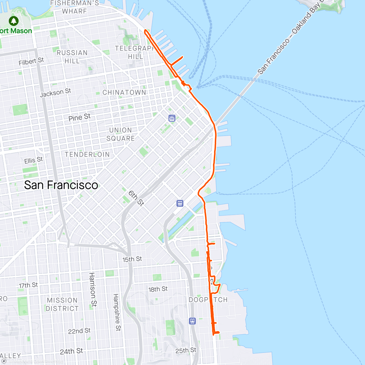 Map of the activity, SF jaunt: Chase Center Box Office (in person ticket purchase… old school) - explore Dogpatch - to Embarcadero