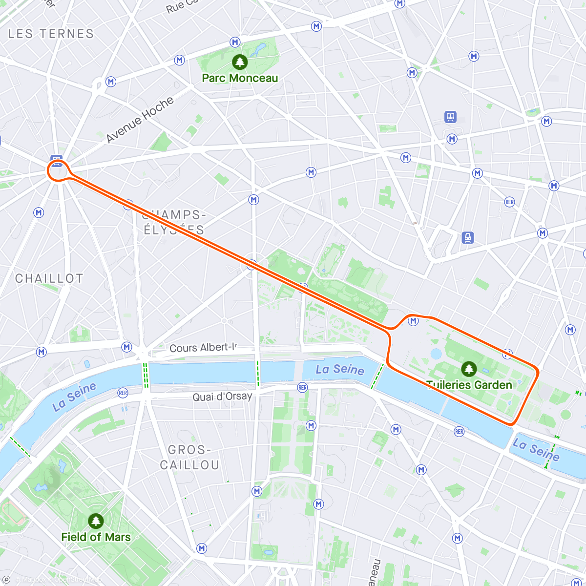 Map of the activity, Zwift - Race: Stage 4: Vive La France - Champs Elysees (C) on Champs-Élysées in Paris - shelled in about 6 min, left leg weak after 8-10, bleh. back still bad, ditto shoulder, no standing.