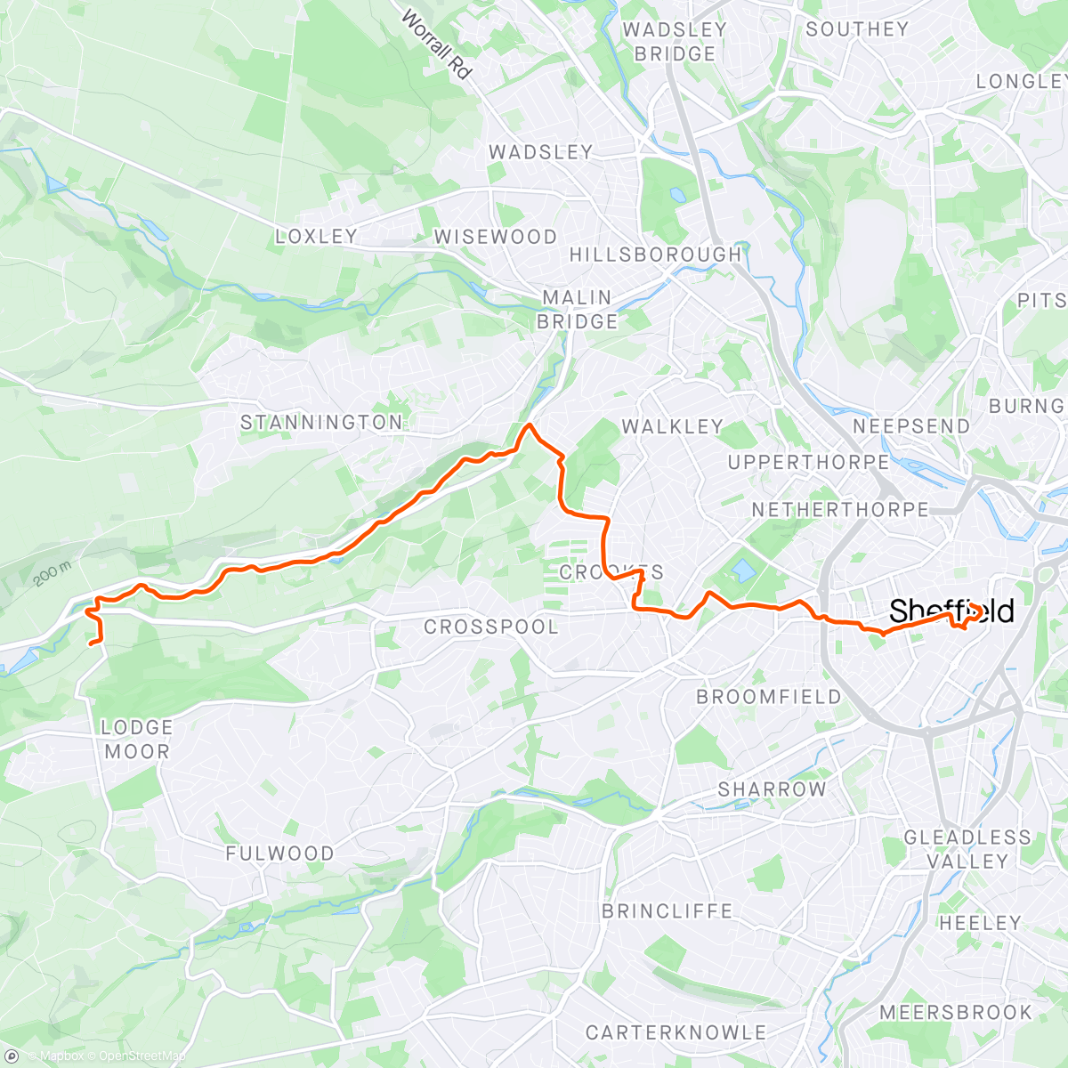 Map of the activity, To the Sheffield 10k via Rivelin Valley trails