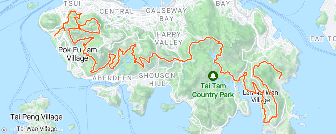 Mapa da atividade, HK trail with extra loops from home with Quentin’s and he is black hawks down 🤣.good job Quentin for not quitting half way. Thank you amber rain ❤️❤️❤️