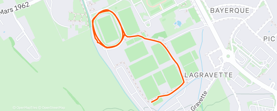 Map of the activity, Tempo run 3x6min + 4x30sec