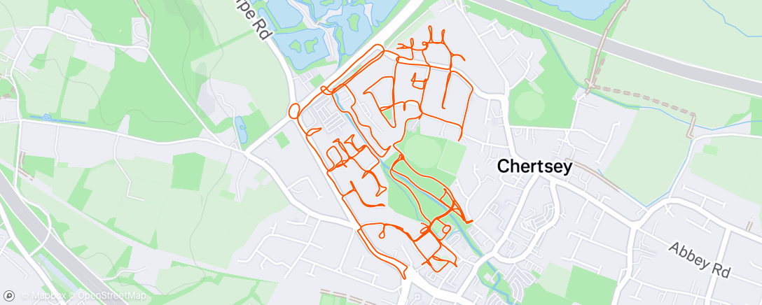 Map of the activity, 19/05/2025 Chertsey Cruise plus 6 long strides at end. Tired but perked up for the strides.