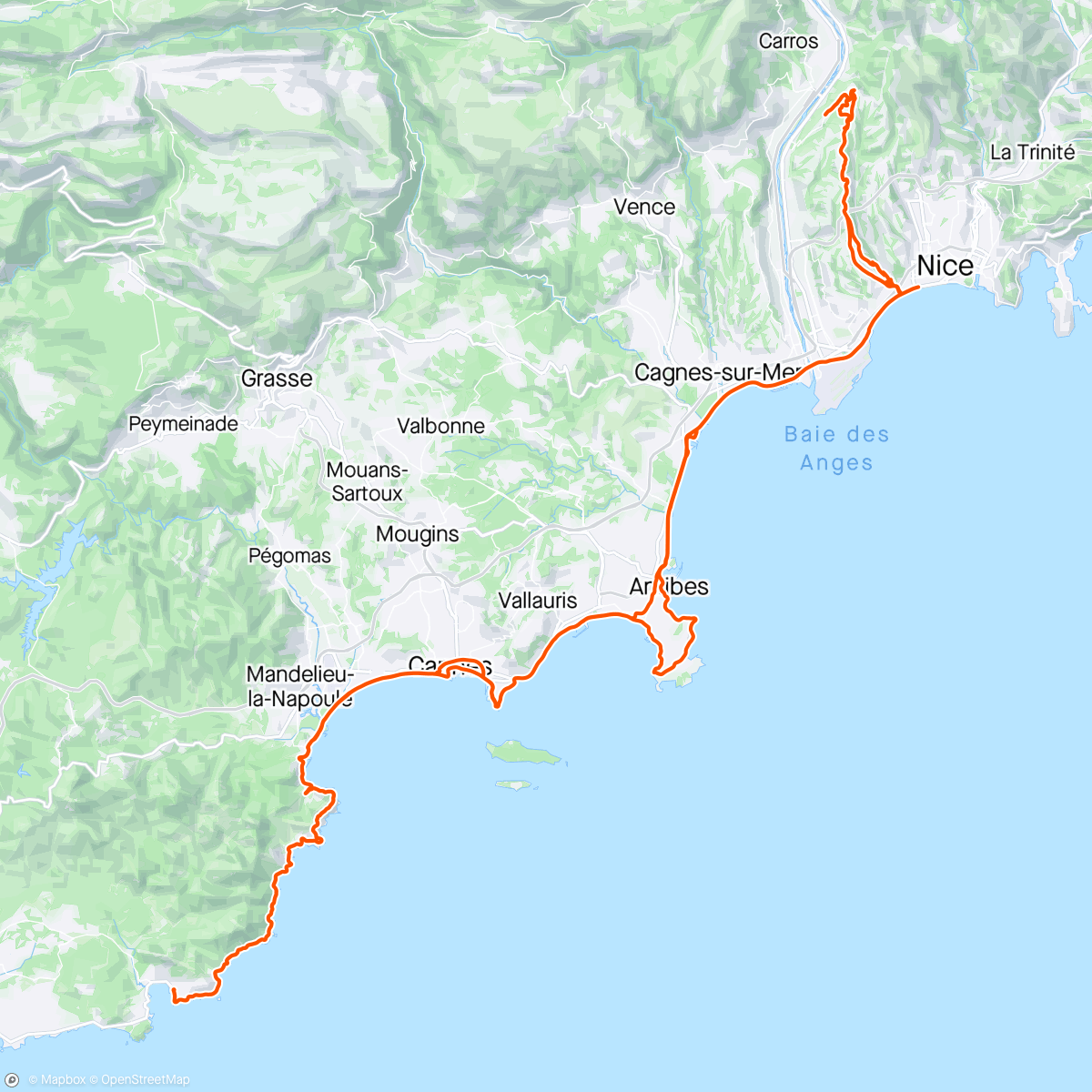 Map of the activity, Vélo rando.  Colomars,  Nice, Cannes, Theoule, Agay,🍺🥤🍔☕️, Le Trayas, Mandelieu,  Cap d'Antibes,  Cagnes, Magnan, Ventabrun,  Colomars.