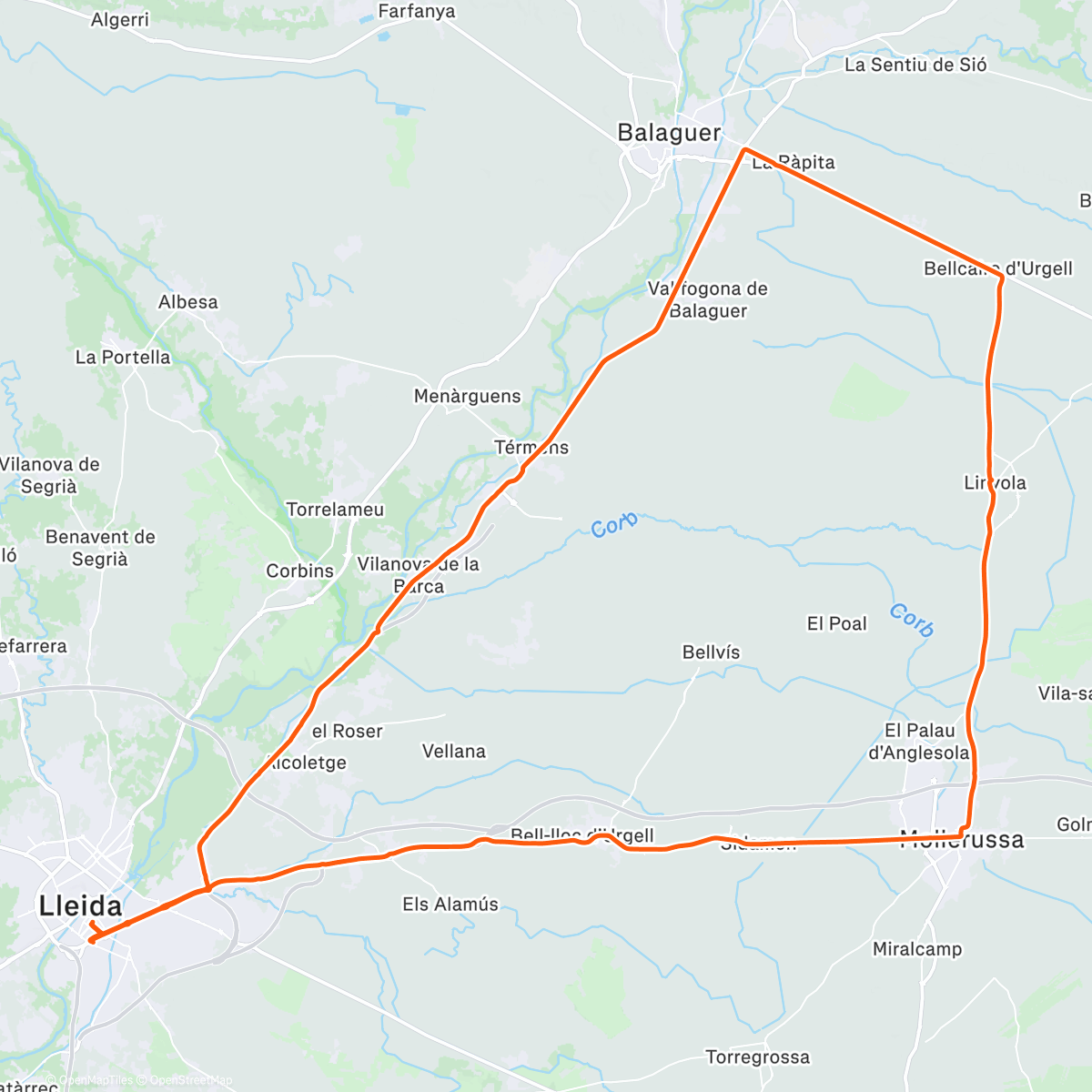 Map of the activity, ROAD: LLEIDA - BALAGUER - LINYOLA - MOLLERUSSA - LLEIDA