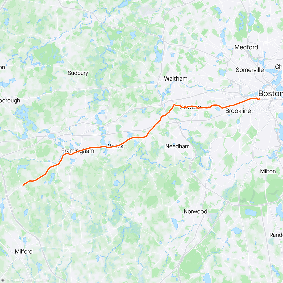 Map of the activity, The long slow shuffle from Hopkinton to Boston