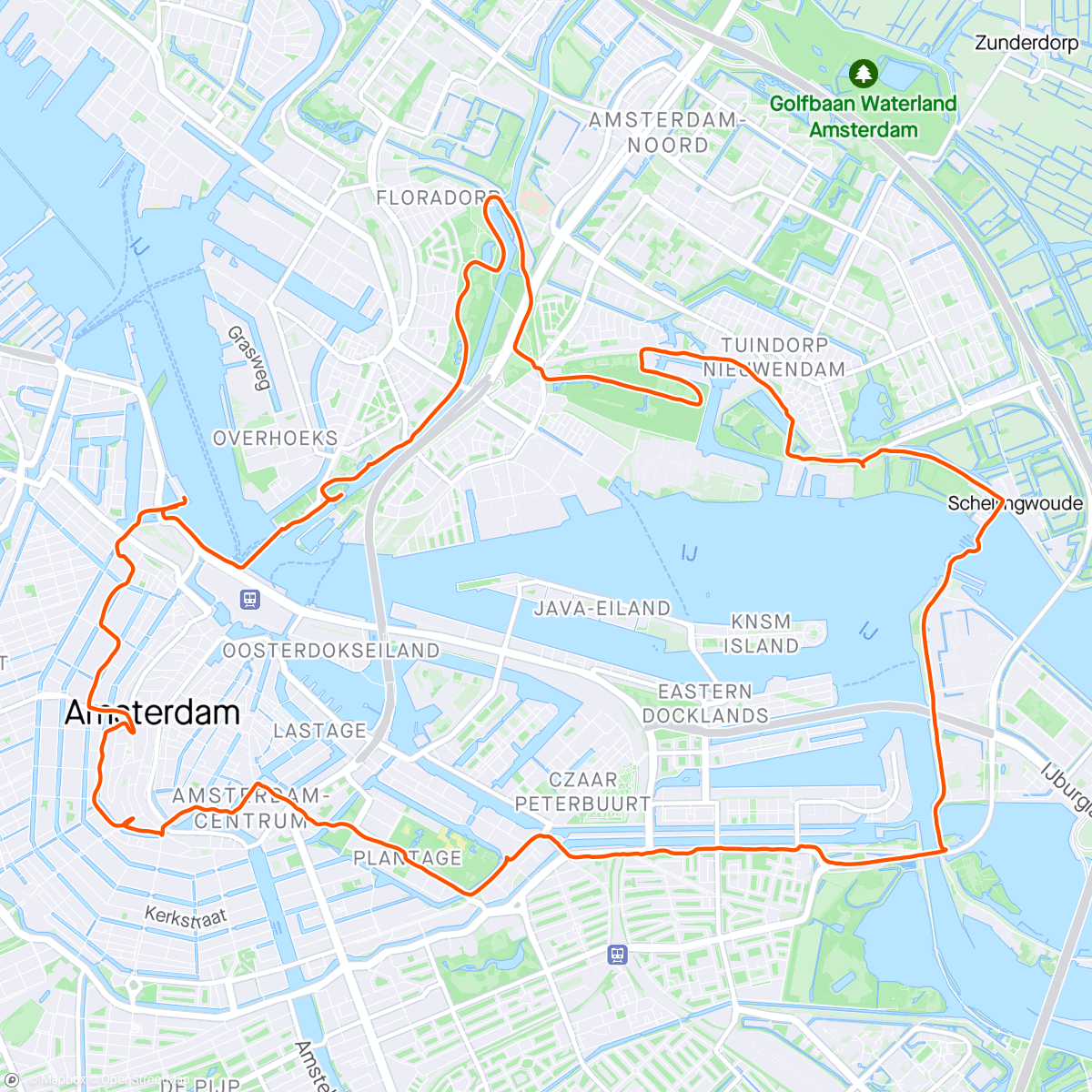 「Dutch Pancake breakfast, ferry to North Amsterdam, forest walk, over the locks, Brewerij, Beer Temple, then beer by the canal.」活動的地圖
