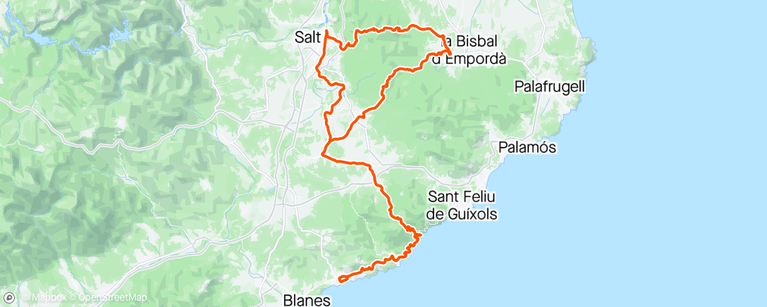 Map of the activity, Sunny ride to Girona for a Cortado and Bravas, then battle howling headwinds for the last 70km back ☀️☀️☀️💨🥴