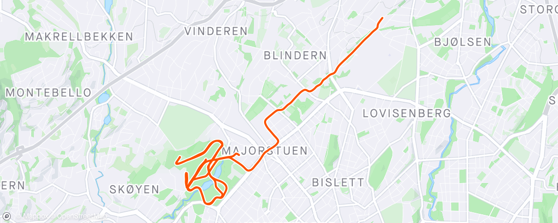 Map of the activity, WU til Frognerparken - SKV🔴⚪️ mandag i Frognerparken ▶️4x5min terskel (4:05min/km ish) ⏸️60s ▶️10x40s motbakke 3:45/50 min/km ⏸️jogge ned 😎