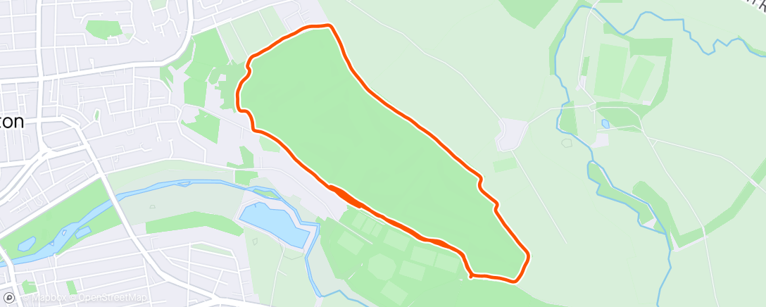 Map of the activity, Leam Park Run. Nice and steady. First time in running shoes since Ashby. Hips were Ok but knees still a bit sore. Very mudddy winter route