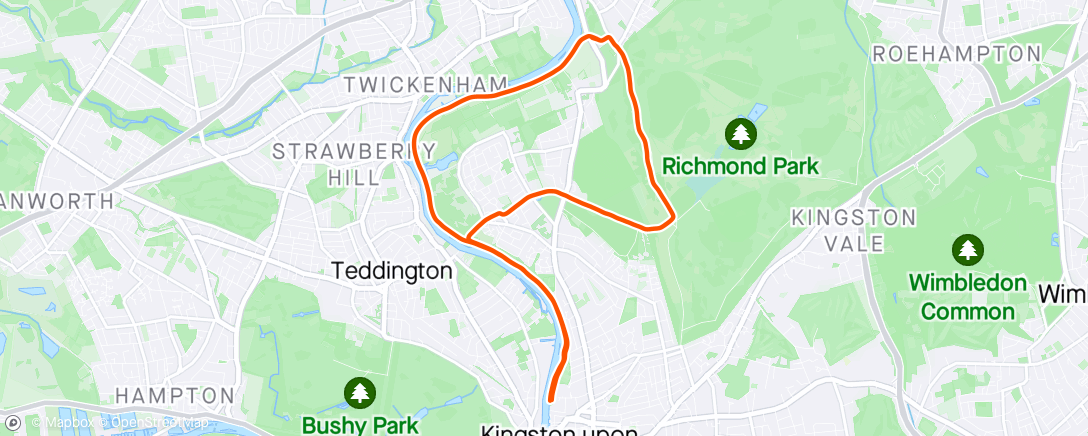 Map of the activity, Petersham Loop; 15K with 6x30s hills + 8x100m strides