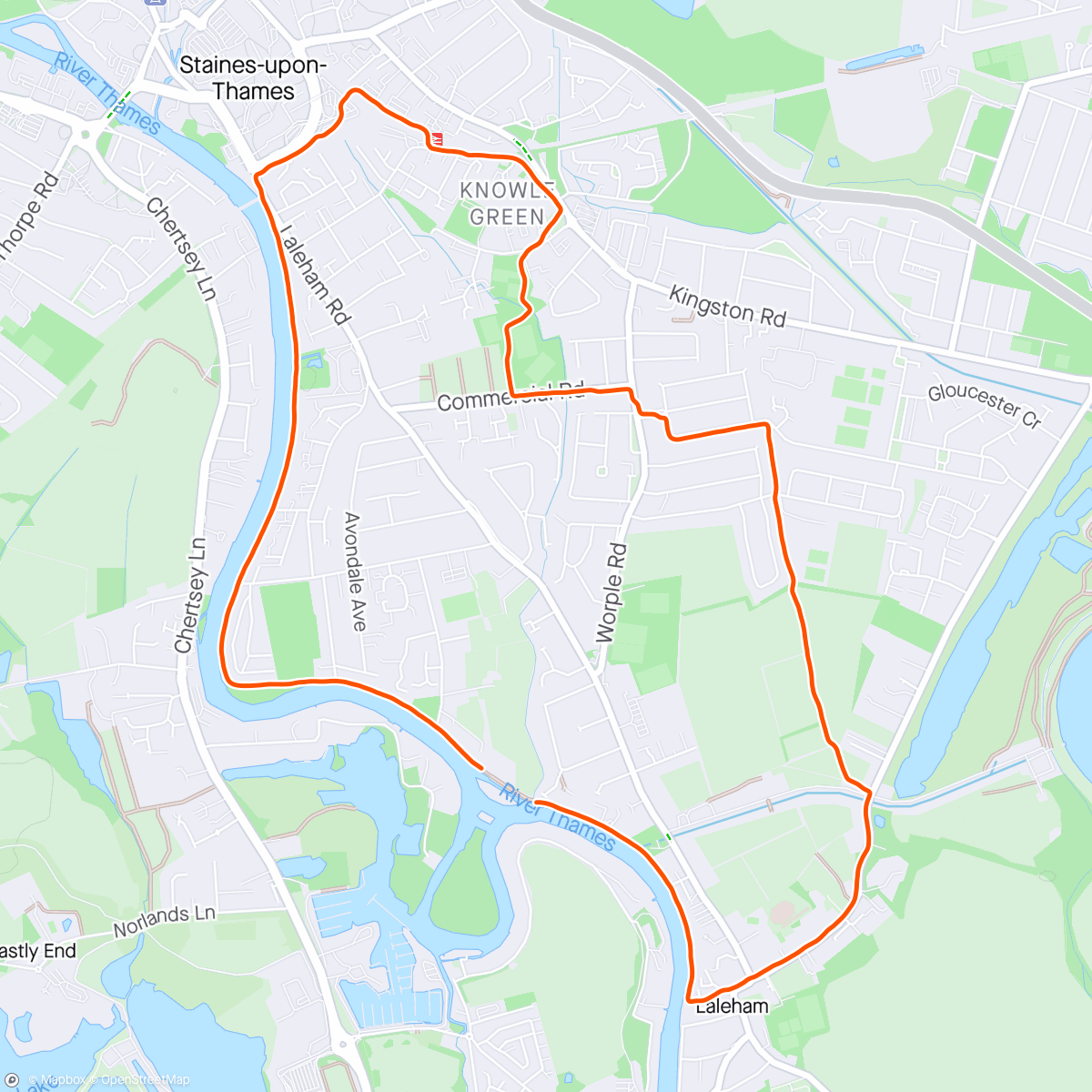 Map of the activity, Laleham to Staines Council to Station to Towpath Loop Anticlockwise 5 Miles