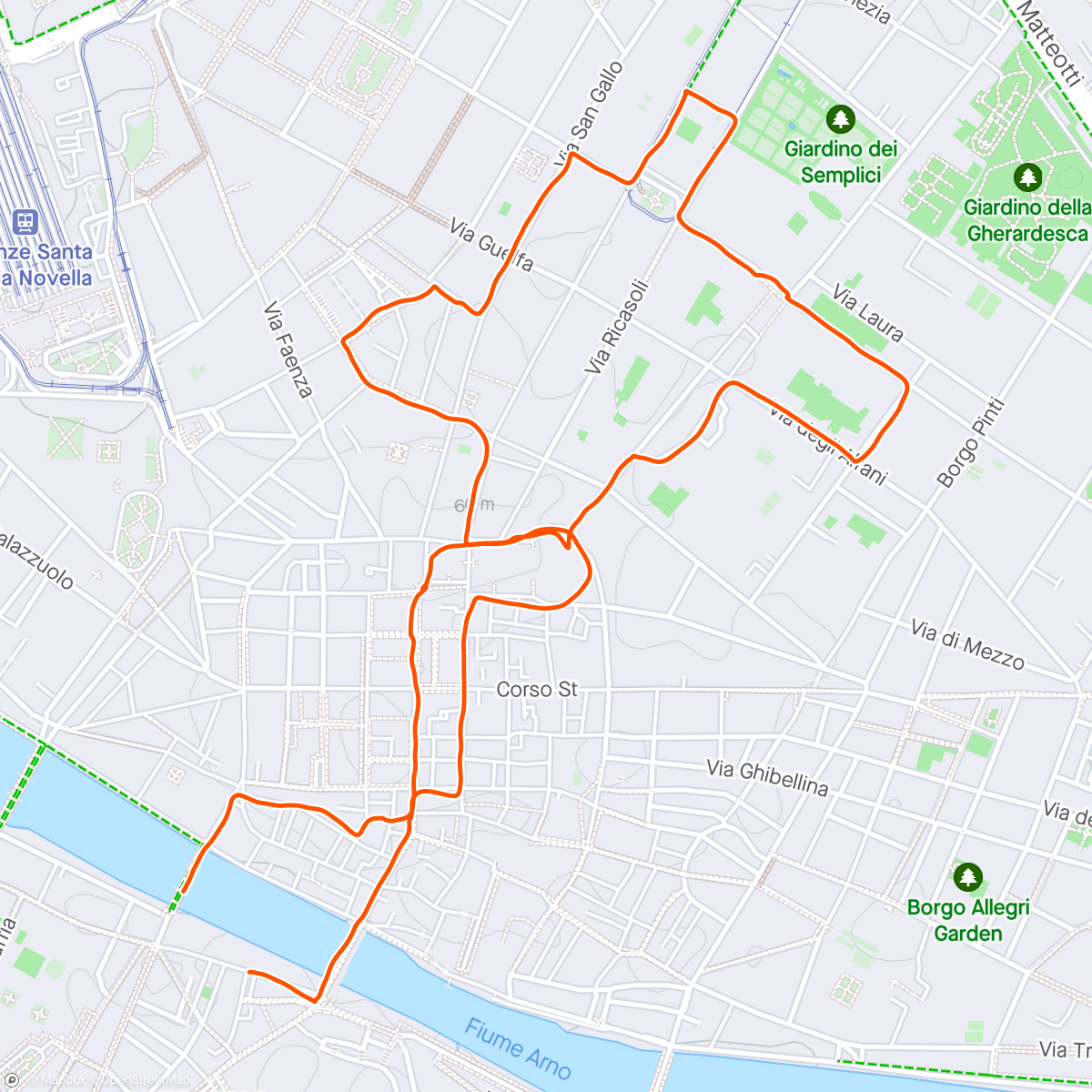 Map of the activity, “Donnie random run” through Florence