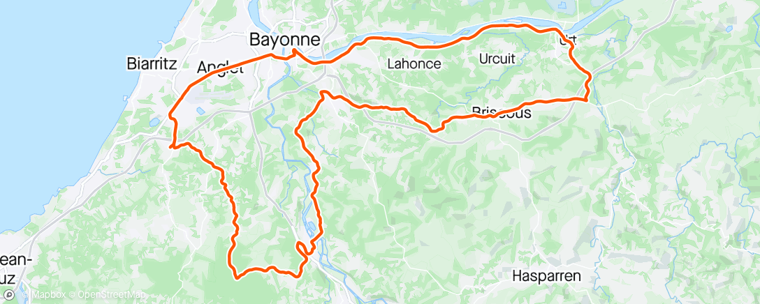 Map of the activity, 12/05/2024 Bidart, PB : petite boucle dominicale par Bayonne, Urt, Briscous, St Pierre, Villefranque et Ustaritz en mode récupération