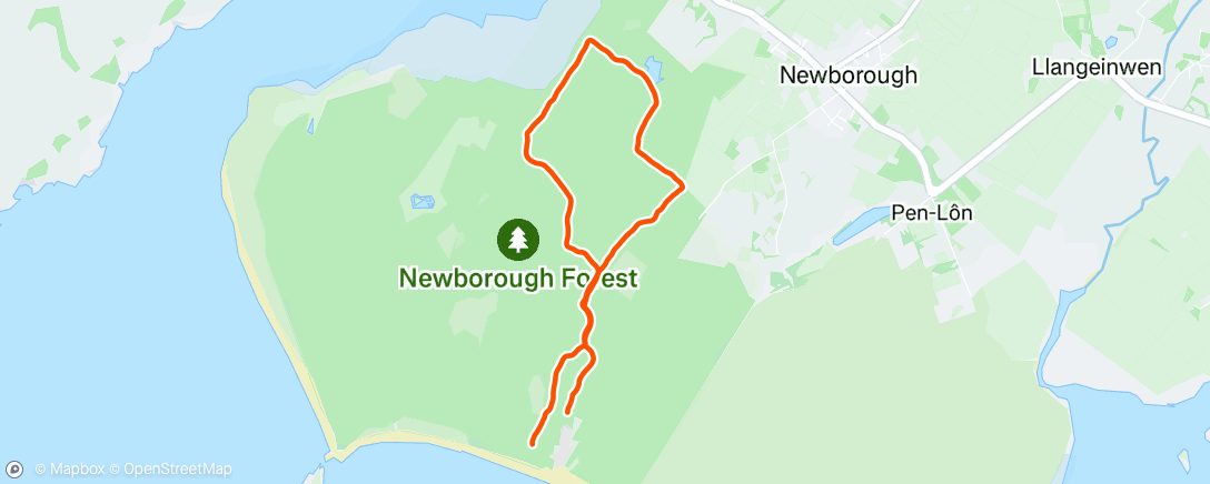 Map of the activity, Exploring Newborough Forest with the  boys in the snow! ❄️ 🏃🏻‍♂️🏃🏻‍♀️🐺