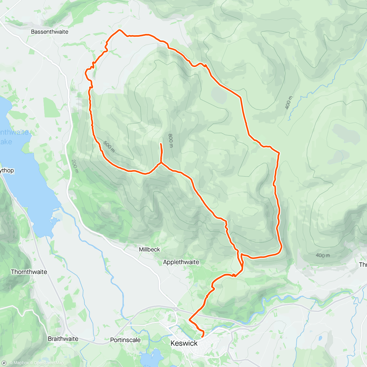 Map of the activity, Skiddaw, Ulloch Pike descent & Cumbria Way return