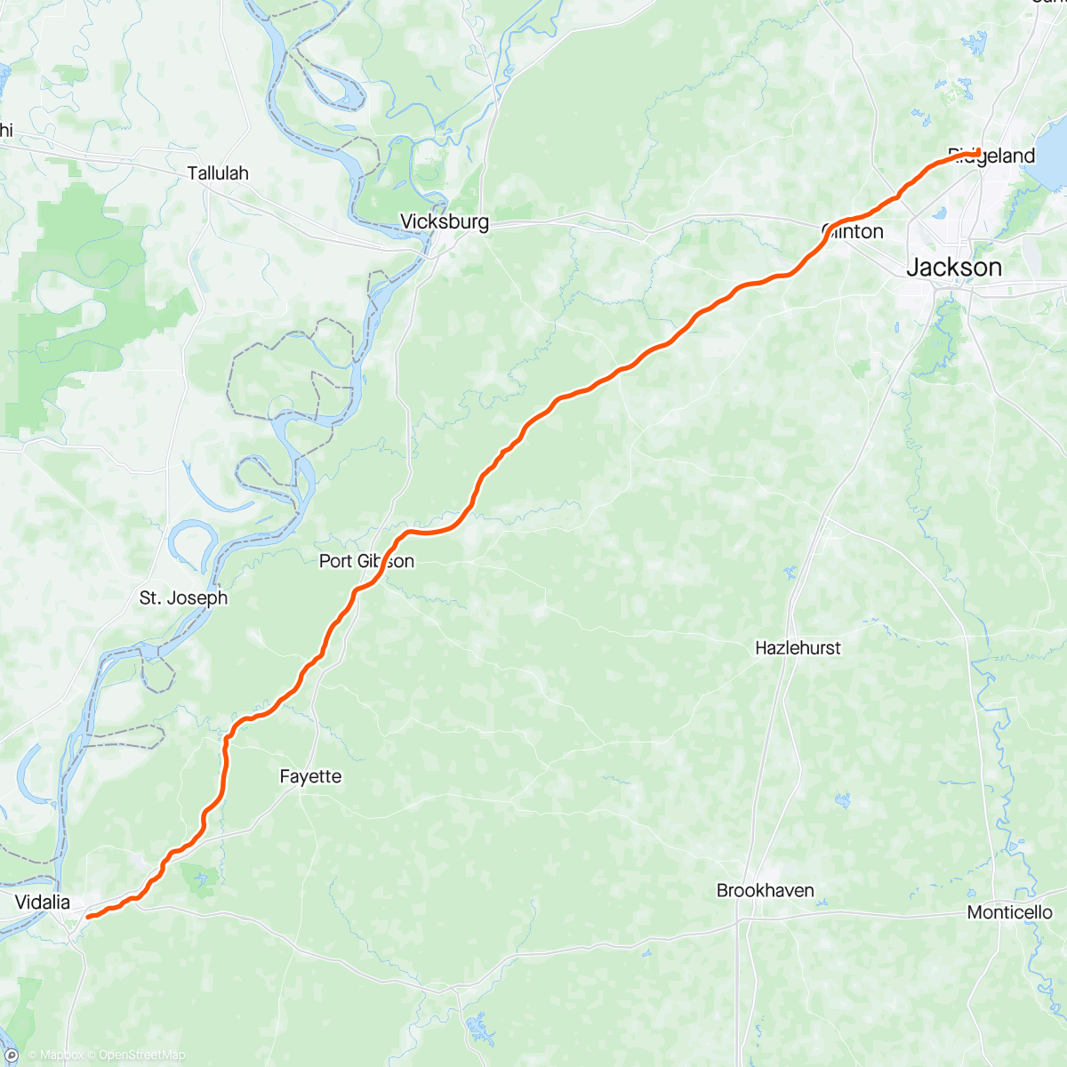 Mapa da atividade, Natchez Trace Day 5; Ridgeland to Natchez