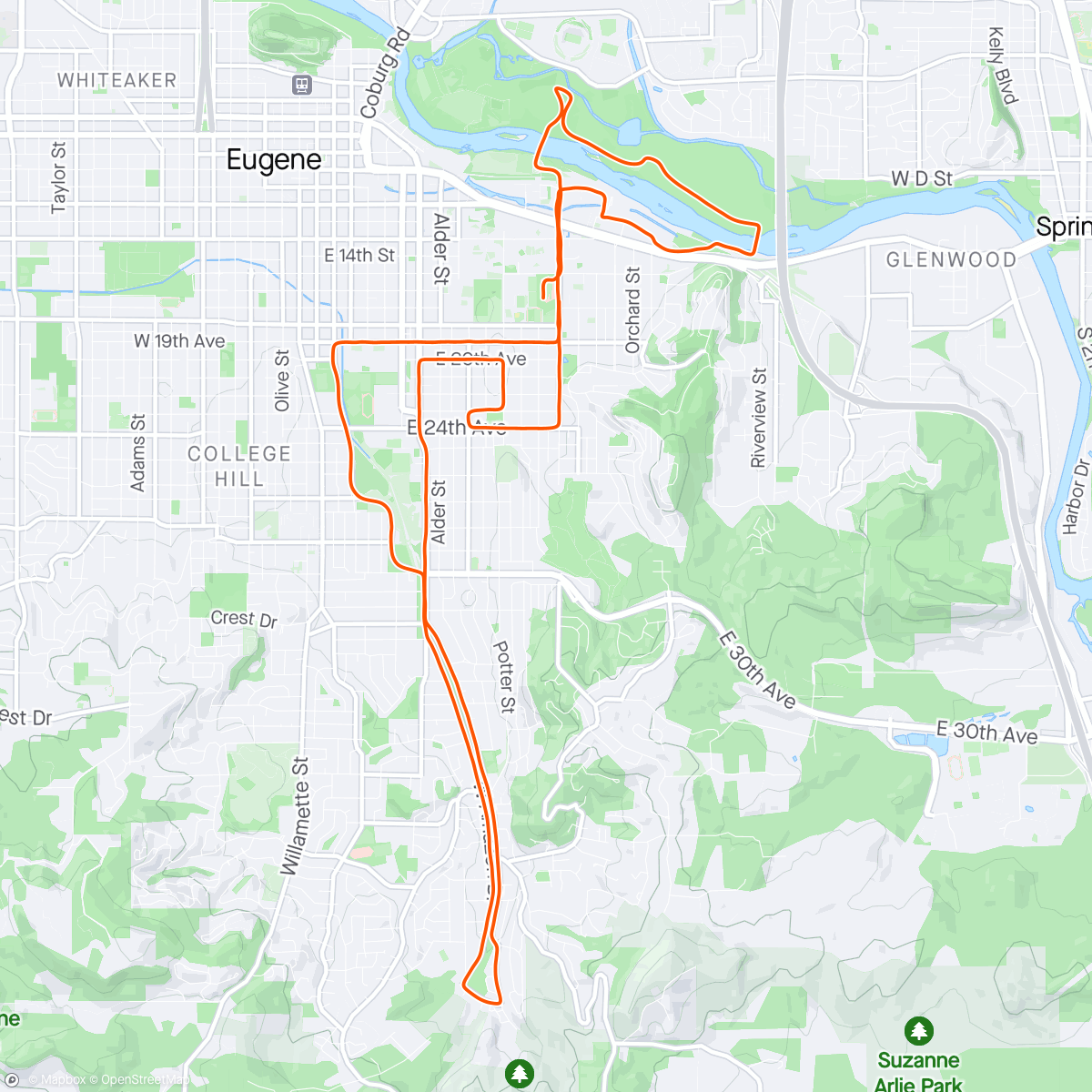 Mapa de la actividad, Eugene Half Marathon - Grateful I can still (mostly) run a half marathon without doing run specific training for it but realizing how much more fun races are when you’re race fit. Next time.