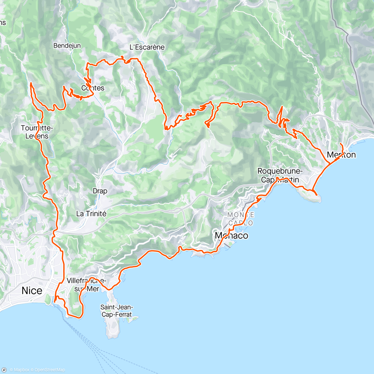 Mapa de la actividad, Menton dag 3 - Col de Madone, Col de Chateauneauf, Nice og Monaco