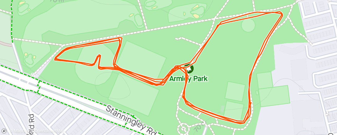 Mapa da atividade, Armley Parkrun- wet long grass = tough going