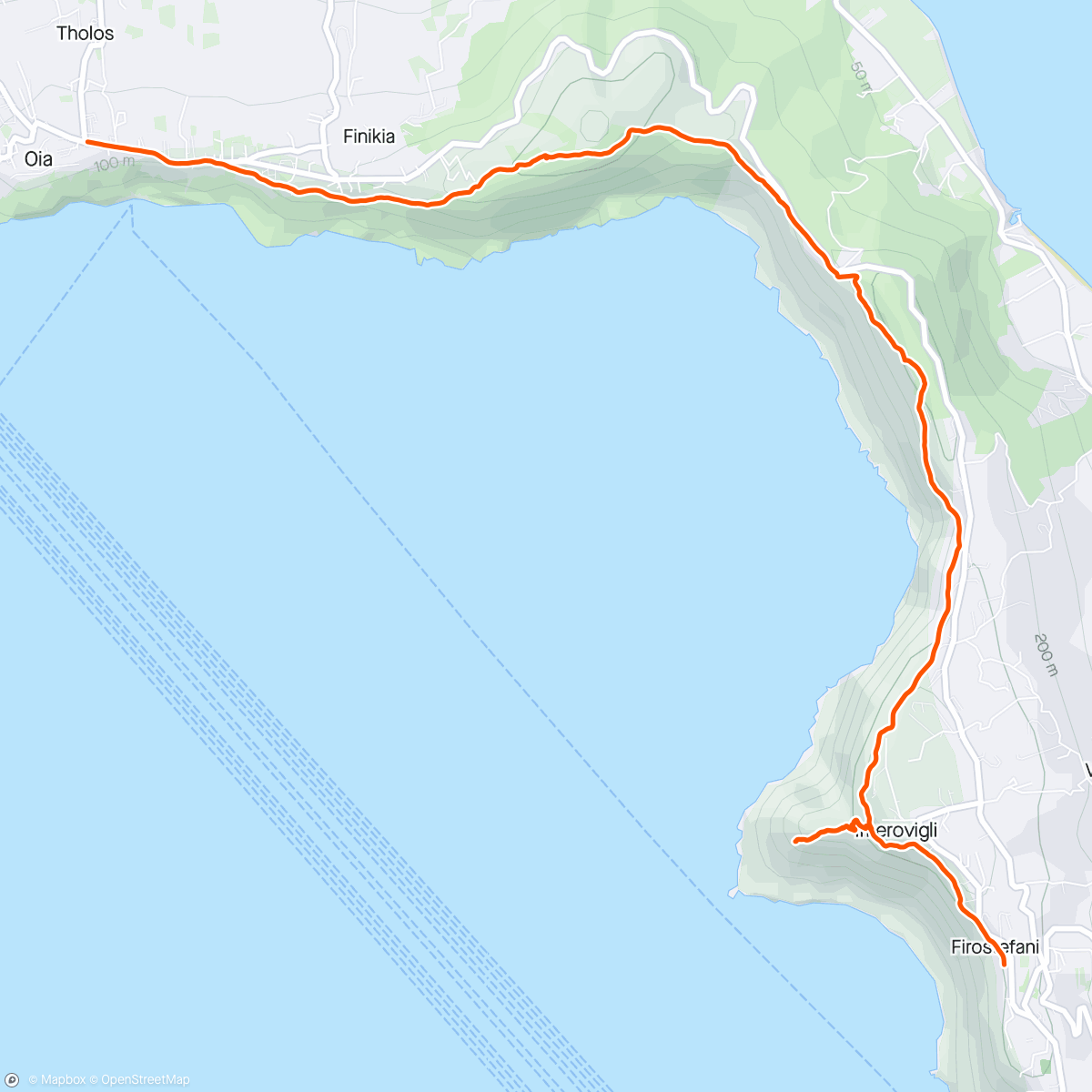 Map of the activity, Fira to oia walk