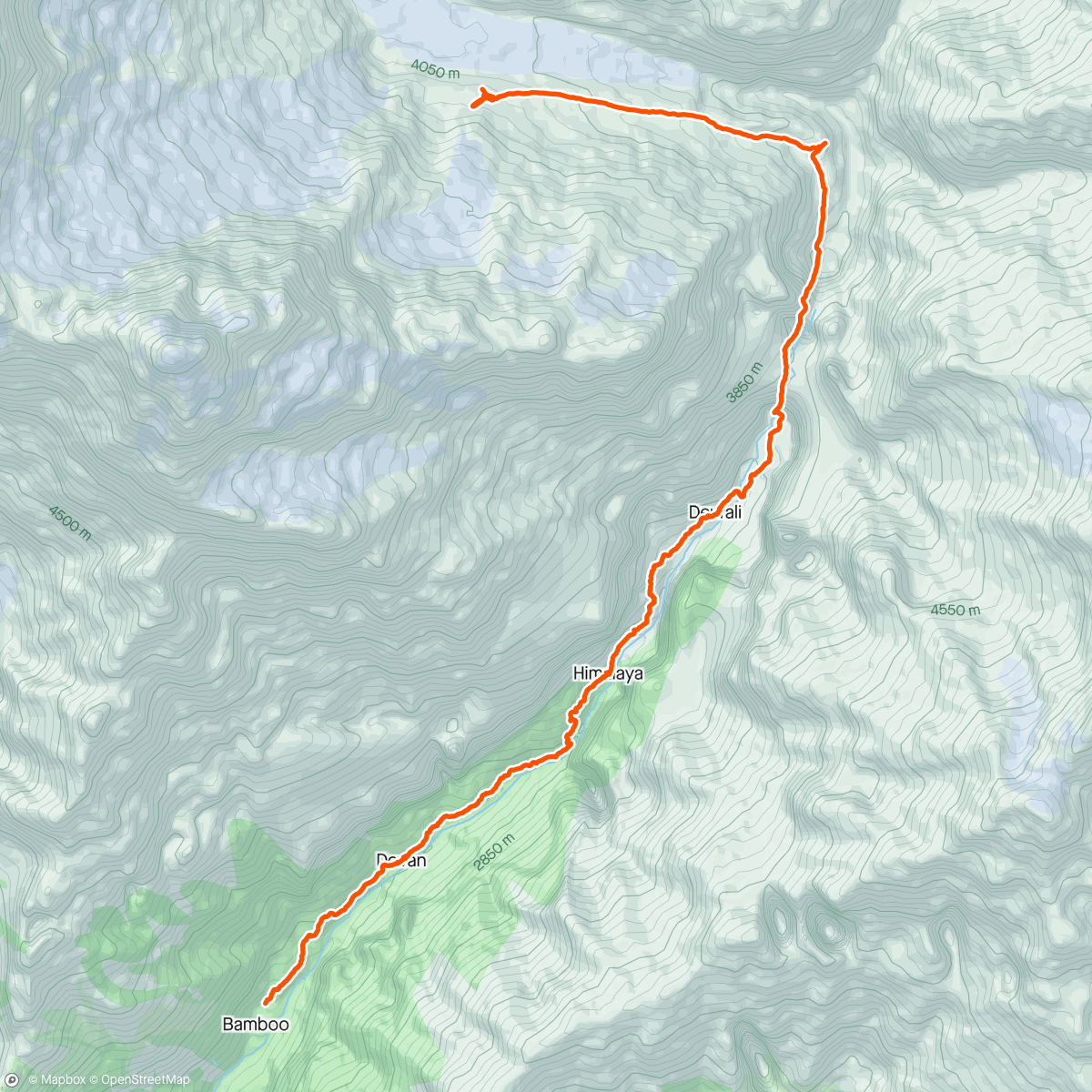 Map of the activity, マチャプチャレベースキャンプからアンナプラムベースキャンプ、そしてバンブーまで下山