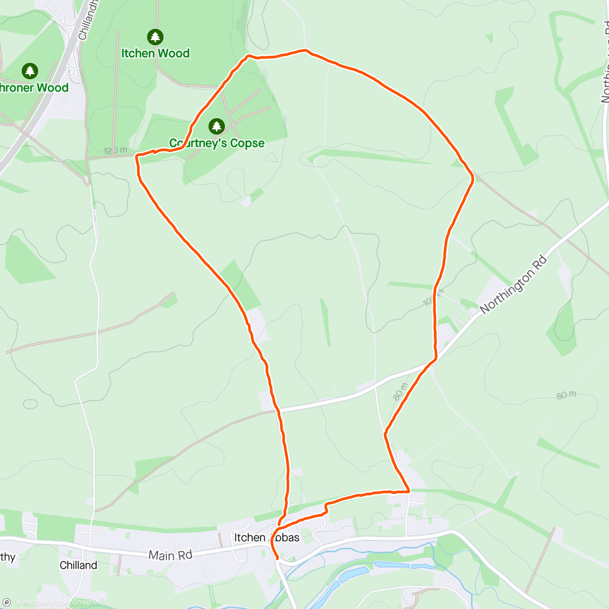 Map of the activity, Lovely dry and sunny run with Worthy runners. Bluebells were beautiful.
