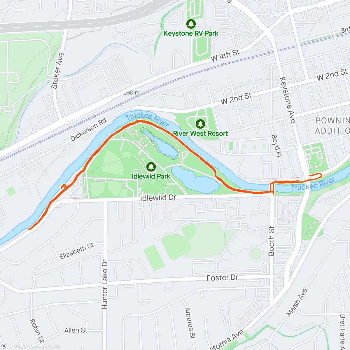 Map of the activity, Walking along a river with a fucked up hamstring tendon