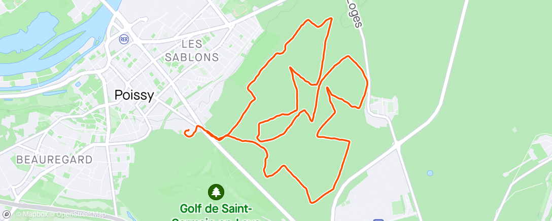 Map of the activity, Sortie en forêt de St-Germain 🙂 (Petit bug GPS : normalement  12,6km à 4.38/km)