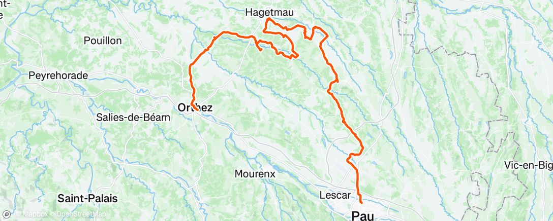 Map of the activity, Pau -> Sauvagnon -> Bournos -> Louvigny -> Philondenx -> lac d’Agès -> Hagetmau -> Monségur -> Momuy -> Amou -> Orthez