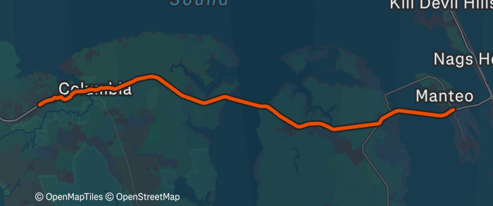 Day 16 route map: Outskirts of Columbia, NC to Manteo, NC