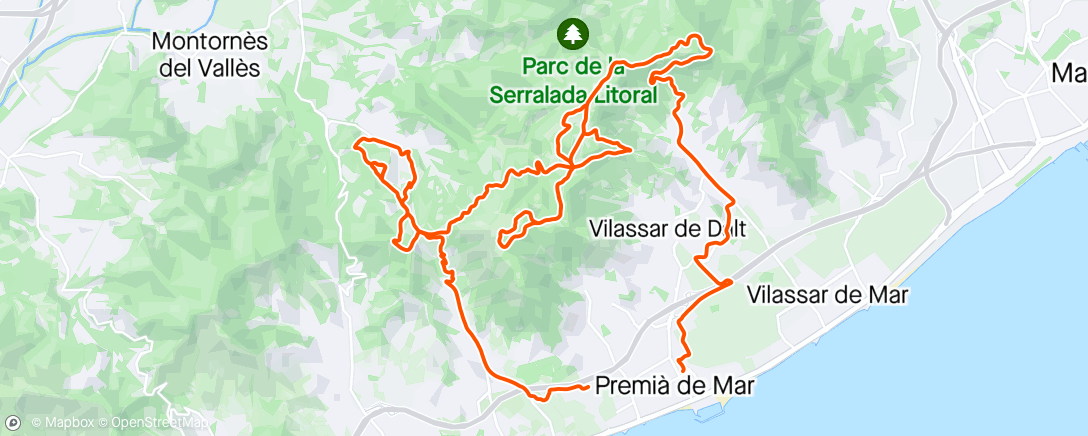 Map of the activity, Btt: Teià up - Vallromanes - V - Roca d’en Toni - Bucle - Sant Mateu - Hermita - Mutua - Cabrils down